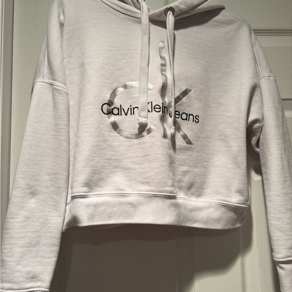 Calvin Klein Jeans White Cropped Hoodie with Metallic CK Logo